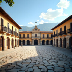 Fototapeta premium Historic Courtyard Architecture with Stone Pavement and Mountains in the Background