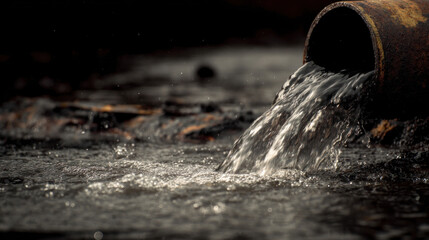 Close-up of water flowing from large steel pipe connected to factory wall, dark murky water and surrounding debris, symbolizing industrial runoff and pollution awareness