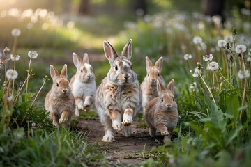 Obraz premium Five adorable baby rabbits hopping through dandelions