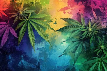 Naklejka premium Vibrant Cannabis Frame: A Colorful Splash of Paint and Ink Art on Abstract Grunge Background
