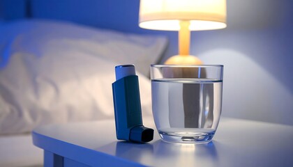 Nightstand with inhaler and water glass