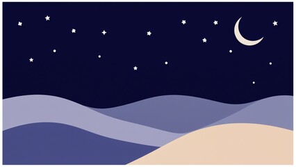 Fototapeta premium Minimal night landscape with crescent moon and stars above rolling hills in calm, peaceful scenery.
