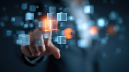 Corporate professional connecting virtual data blocks with glowing lines, digital business environment with futuristic UI elements, concept of scalable growth through technology