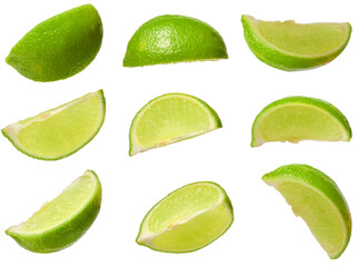 Collection of juicy green lime slices from different angles. Citrus fruit cutouts for food design, set of fresh lime wedges on  isolated background