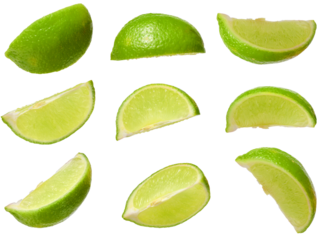 Collection of juicy green lime slices from different angles. Citrus fruit cutouts for food design, set of fresh lime wedges on  isolated background