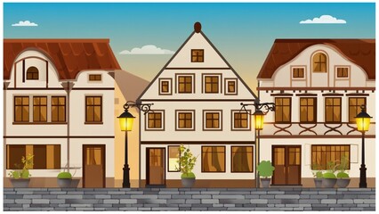 Cartoon illustration of traditional European houses with warm lighting and cobblestone street, perfect for vintage town or travel-themed design.
