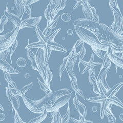 Underwater world clipart with sea animals whale, starfish, bubbles and algae. Graphic illustration hand drawn in white ink. Seamless pattern on a blue background EPS vector