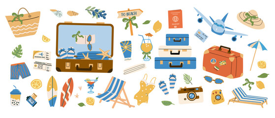 Vector illustration of summer vacation and journey elements to Italy - plane, suitcase and other travel items. Italian style. La dolce vita aesthetic. Mediterranean travel concept