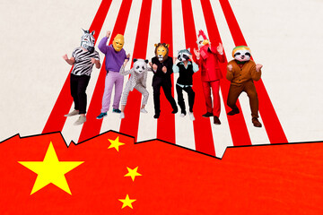Trend artwork banner 3D photo collage of group people mask head wild animal stand china flag world...