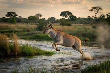 Eland antelope leaping across a river at sunset