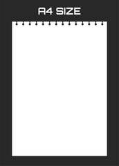 Realistic blank lined paper sheet in A4 format isolated on black background. Notebook or book page.