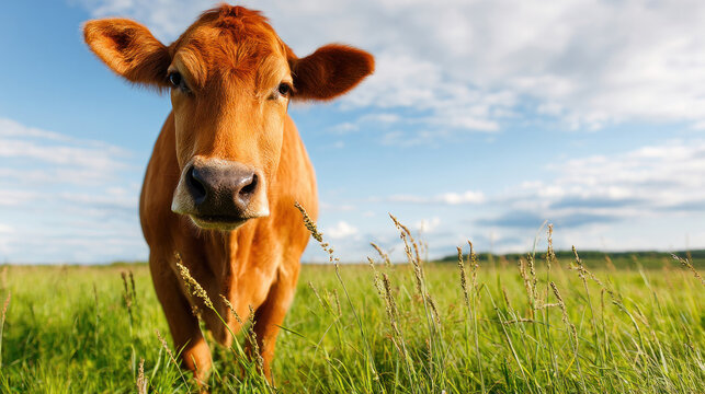 Front view of red milch cow looking at camera in vibrant green field, strong daylight, vivid color contrast, representing healthy livestock and traditional farming