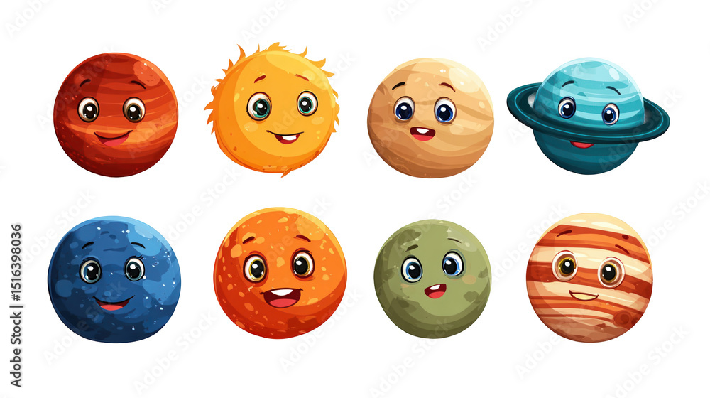 Poster eight colorful cartoon planets with smiling faces are displayed on a transparent background, creatin