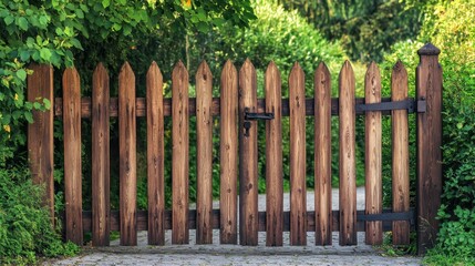 Elegant Iron Driveway Gates Framed by Timber Picket Fence, Surrounded by Lush Garden Shrubs and Trees