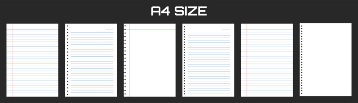 Realistic blank lined paper sheet in A4 format isolated on black background. Notebook or book page. Design template or mockup. Vector illustration