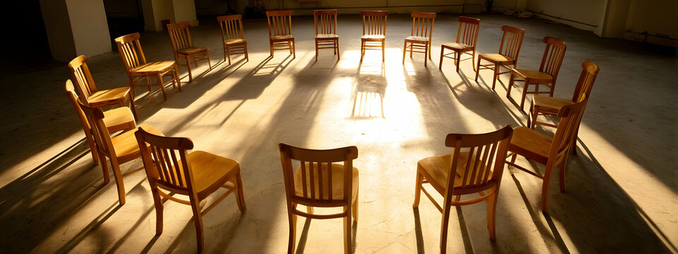 A circle of empty chairs in a sunlit room inviting conversation   -
