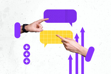 Collage poster template trend artwork sketch of hand gesture finger point touch cloud texting...