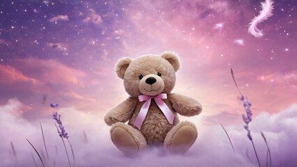 Adorable Teddy Bear Sitting in Dreamy Lavender Field at Sunset. A cute teddy bear sits peacefully atop fluffy clouds with a dreamy lavender field beneath.