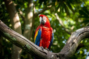 Scarlet macaw perched on a tree branch in lush green forest