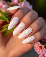 A hand adorned with elegant floral nail art, evoking feelings of softness and renewal.