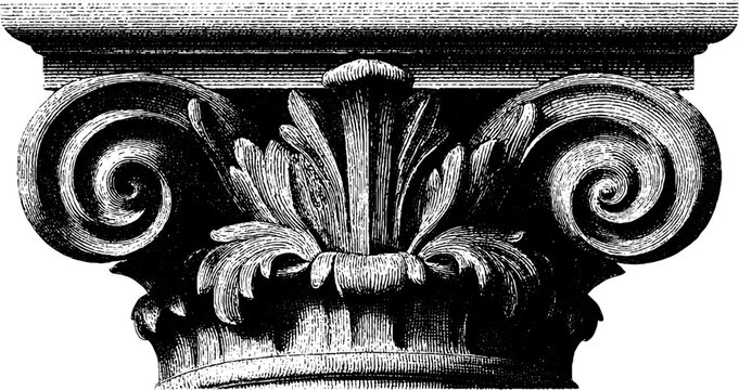 Detailed engraved illustration of an ornate archivolt in black line art for architectural design