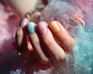 A delicate hand adorned with glittery pastel nail art, embodying spring's joyful essence.