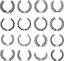 Set of black laurels frames branches. Vintage laurel wreaths collection. Hand drawn vector laurel leaves decorative elements. Leaves, swirls, ornate, award, icon. Vector illustration.