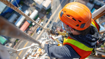 High angle view of a worker adjusting harness and safety lanyard on top of a structure, wearing reflective vest and hard hat, secure fall protection gear, sunny weather