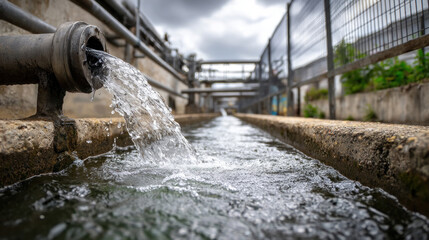Industrial factory pipe discharging water into outdoor drainage system, visible metal structures and concrete walls, concept of wastewater management and environmental impact