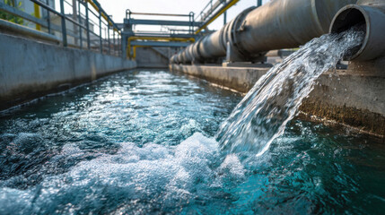 Industrial factory pipe discharging water into outdoor drainage system, visible metal structures and concrete walls, concept of wastewater management and environmental impact