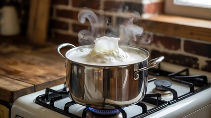 Boiling Over: A culinary image capturing the moment of a pot boiling over on a stovetop, the steam rising as the milk bubbles spill forth in a kitchen setting.