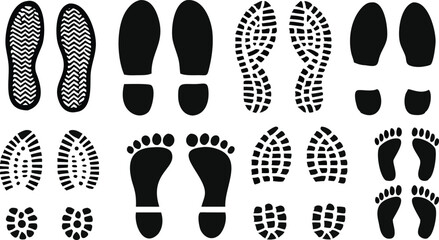Fototapeta premium different human footprints icon set. boot sole, bare feet, Baby footprint, Vector Illustration