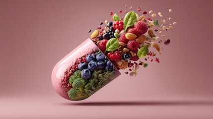 Large nutrient pill split open with colorful food ingredients like berries, leafy greens, beans and almonds spilling out, health and wellness concept with soft lighting