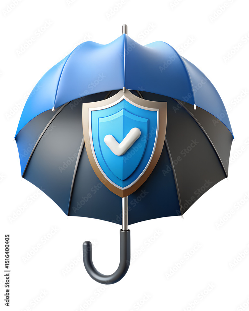 Poster 3d rendered plastic-style icon representing data security and protection with an open umbrella and s