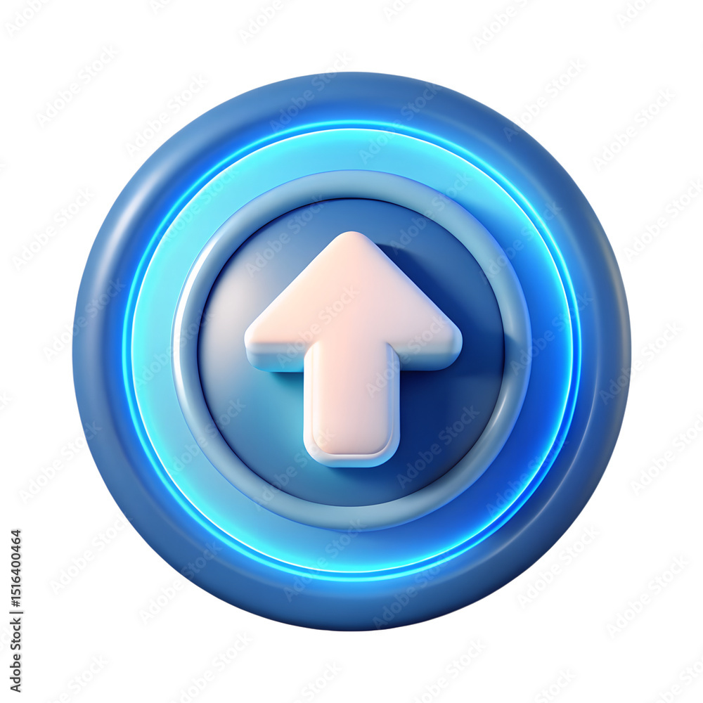 Poster 3d rendered plastic-style upload arrow icon within a modern circular design isolated on transparent 