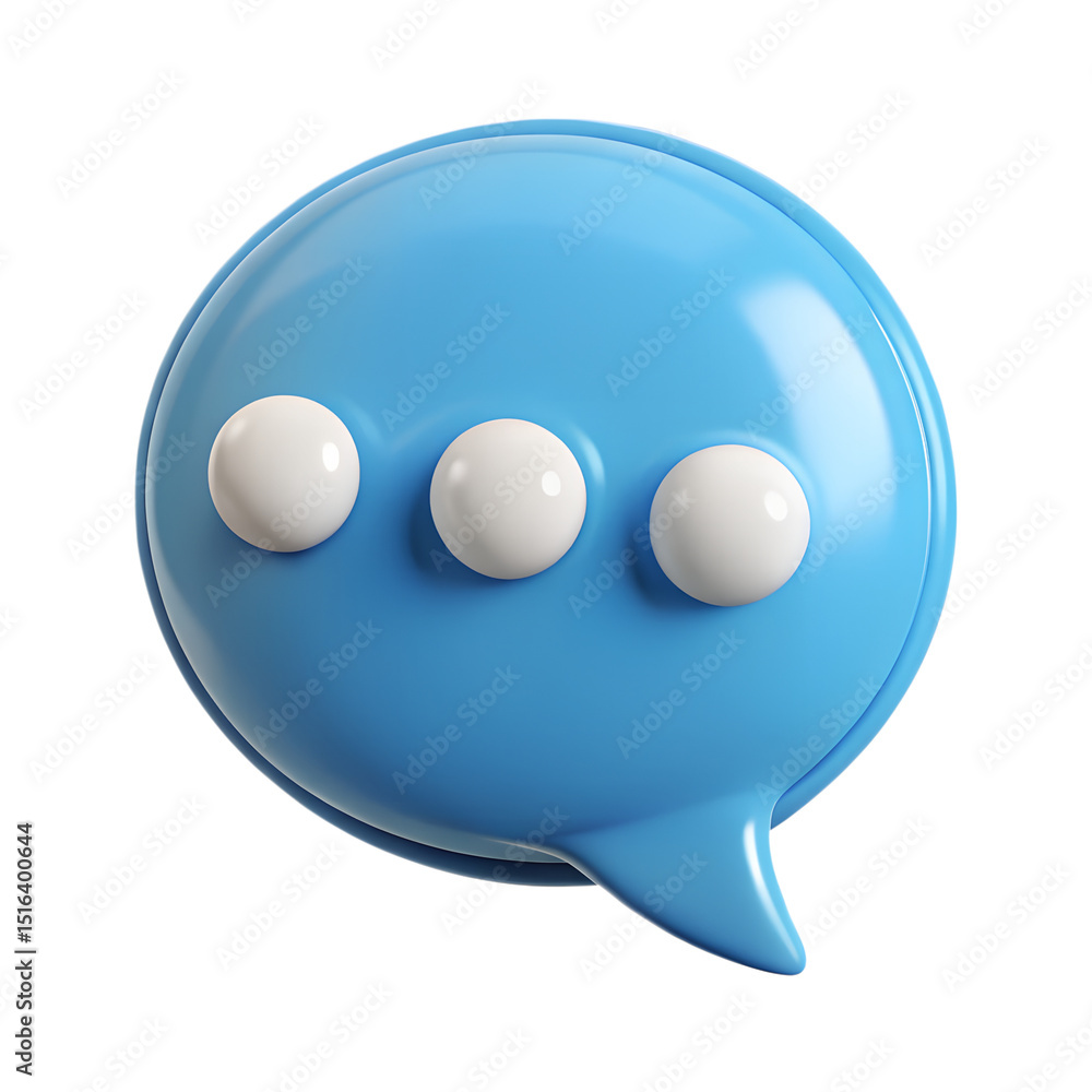 Poster 3d rendering of a blue plastic-style speech bubble icon with three white dots against a transparent 