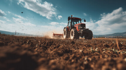 Low angle view of red tractor plowing rich soil on sunny day, organic farm landscape under clear blue sky, dust rising as it moves, sustainable agriculture concept