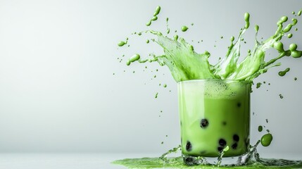 A dynamic splash of vibrant green liquid filled with bubbles, illustrating the energy and excitement of a moment captured in time. The bright colors evoke freshness and fun.