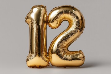 Glimmering gold foil number 12 balloon on solid white background, chic celebration styling, high-resolution clarity