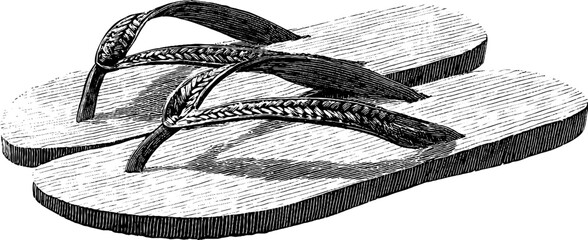 Engraved illustration of classic beach sandals in black bold design