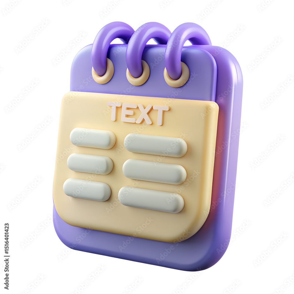 Poster 3d rendering of a pastel color plastic-style icon calendar with text blocks isolated on a transparen