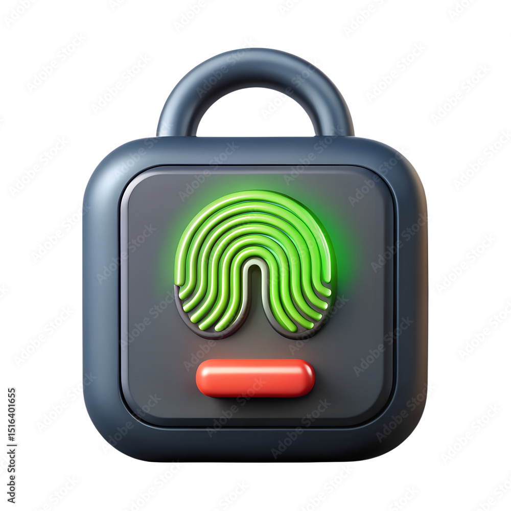 Poster 3d rendering of a security lock icon with fingerprint recognition in a plastic-style design isolated