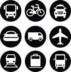Transportation Icons Collection. Airplane, Public bus, Train, Ship/Ferry and auto signs. Shipping delivery symbol. White on a black background