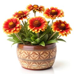 Fototapeta premium Gaillardia flowers in a decorative pot on white background