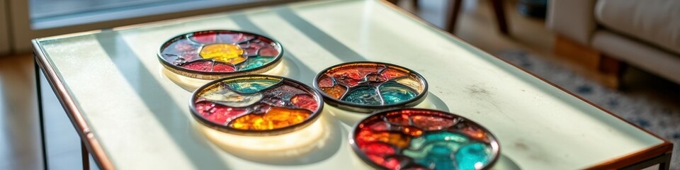 Naklejka premium Colorful stained glass coasters on sunlit table in cozy setting