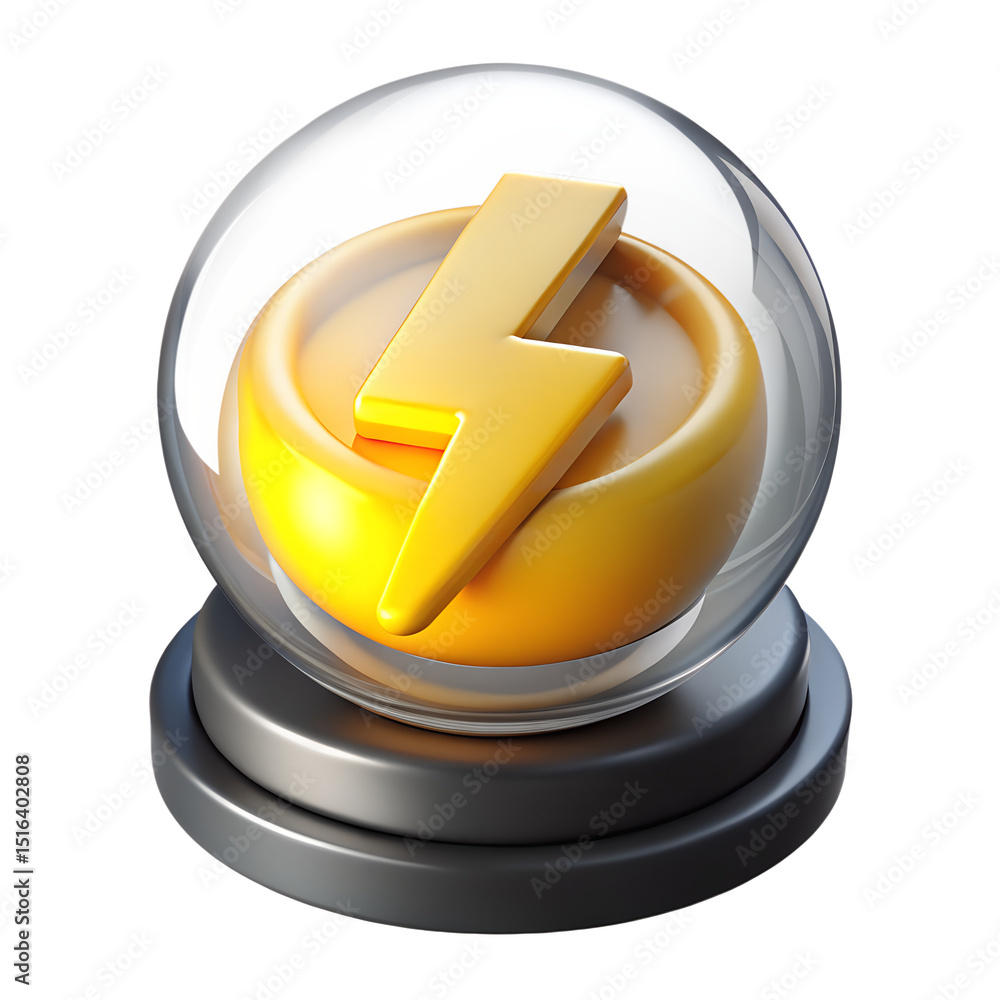 Poster a 3d rendering of a plastic-style icon of a yellow lightning bolt in a crystal ball isolated on a tr