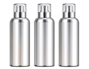 Three Tilted Spray Deodorant Can with Metallic Finish, isolated on a transparent background