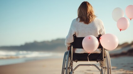 A woman seated in a wheelchair gazes at the beach, holding floating pink balloons that symbolize hope, freedom, and joy against a picturesque coastal backdrop.