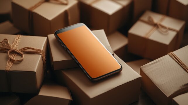 A modern smartphone rests on top of brown cardboard boxes, featuring a vibrant orange background to emphasize the technological and commercial aspects involved.