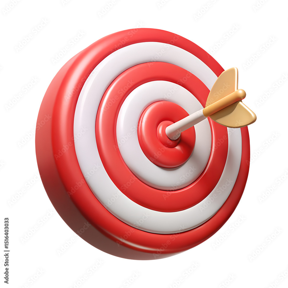 Poster a 3d rendering of a target with a golden arrow perfectly hitting the bullseye demonstrating concept 